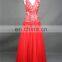 2015 New Design Red Evening Gown Chiffon Sexy V-neck Lace See Through Nude Back High Slit Long Evening Dresses