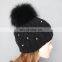 Fashion design black knitted pattern wool blend hats with fur pom