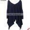 Blue V-neck T-shirt of long sweater for women with cute concave hem as knit sexy girl open back blouse