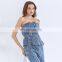 TWOTWINSTYLE Vest For Women Strapless Sleeveless Off Shoulder Patchwork Backless Sexy Denim