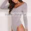Custom Size One Piece Plain Jumpsuit Long Sleeve Basic Grey Scoop Neck Thong Bodysuit