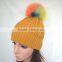 Myfur OEM Latest Women Ginger Ribbed Knitting Beanie Cap with Removable Pompom