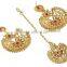 Indian Antique Gold Plated Earrings With Tikka For Girls, Women