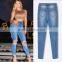 2016 Summer Women Sky Blue Skinny Pencil Denim Pants Vogue Knee Holes Narrow Bottom High Waisted Ladies Latest Fashion Jeans