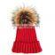 Myfur Wholesale Red Color Real Raccoon Fur Pompom Knit Hat Detachable Fur Pom Pom Crochet Hat