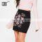 Side zipped embroidered black suede stretchy tight mini pencil skirt