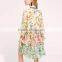 Western spring peasant girls v lace neckline long sleeve floral chiffon ruffle garden dress