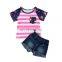 Newborn Kid Clothing Baby Girls Pink White Striped Tops Flower Sleeved T-shirt & Jeans Denim Shorts 2pcs Baby Clothing Set
