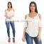 Women Fashion Plain Dyed Cotton Cold Shoulder Peasent Top White Tops White Blouse Short Sleeve