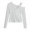 European/American style pure erotic short-sleeved long-sleeved top with shoulder slit, matching shoulder undergarment, casual T-shirt