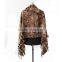 2015 New fashion flower pattern and tassels trim women cashmere cape with rex rabbit fur collar