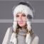 Factory wholesale real rex rabbit fur hat with sliver fox fur pompom ball hat