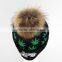 Myfur Adult Screen Green Leaf Printed Skull Hat With Real Fur Pom Pom