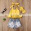 Summer Toddler Kid Baby Girl Clothes Strap Top Holey Denim Shorts Headband 3Pcs Outfit Set