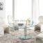 L865 43" Dia oval Dining table with clear glass 1 polished stainless steel legs modern GM