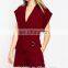 Fashion style wrap front rompe with D-ring belt red v- neckline women jumpsuits