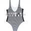 ladies black and white stripe and side braid one-piece swimwear