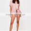 Custom Logo Pink Satin Short Pajama Set With Back Embroideried Button Top With Drawstrings Shorts