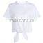 Ladies white shoulder snap button short sleeve woven t shirt with front bow