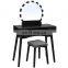 Vanity Table Set with Round LED Lights Mirror dressing table black