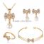 New Elegant Gold Plated Crystal Imitation Pearl Bowknot Necklace Stud Earring Bracelet Ring Set for Women Wedding Jewelry Set