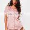 Custom Logo Pink Satin Short Pajama Set With Back Embroideried Button Top With Drawstrings Shorts