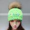 Stock hat fashion winter real big raccoon fur ball knitted beanie hat