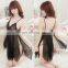 Womens Erotic V-Neck Babydoll Lingerie Dress Floral Lace Patchwork Front Split Nightgown Bowknot See Through Mesh Asym