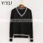 OEM service women white stripes v-neck school uniform cable knit sweater