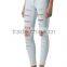 2014 Latest Design Sexi Women Blue High Waist Distressed Skinny Jeans