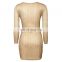 2017 New In Gold Metalic Lace Up V NECK Sexy Women Fashion Dress Long sleeves Midi Dress