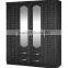 wardrobe 4 doors black siver color modern design with middle double mirror