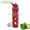 wholesale glass drink bottle with fancy silicone sleeve and PP lid and handle