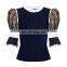 TWOTWINSTYLE Ladies Sweater O Neck Puff Long Sleeve Slim Hit Color Knitted Vintage Patchwork