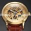 Classic Gold Dial Stainless Steel Case Coffee Leather Hollow Skeleton Men Automatic Mechanical Watch