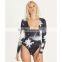 All Day Surf Lady Bodysuit Customizable Long Sleeves Deep V Neckline Swimsuit One Piece Rashguard 4 Way Stretchy Swimwear