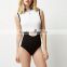 latex sleeveless black and white zipper cut out jersey bodysuit for women