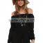 Woman off the shoulder long sleeve tie waist sexy black romper