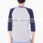 mens plain ranglan shirt 3/4 sleeve raglan t shirt blue and grey