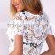 100% Polyester short sleeve round neck crop top,elegant fashion lace top