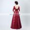 Real Sample Fashion A line Lace-up Scoop Floor-length Lace Appliqued Formal 1/2 Long Sleeve Backless Party Evening Dresses