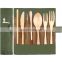 5 Pieces Wooden Cutlery Bamboo Travel Utensils Set, Include Knife, Fork, Spoon,Wooden Straw with Bag (Wood Color with Green Bag)