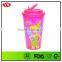 16 Ounce Yellow plastic double wall tumbler with push down straw for beverage