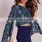 2016 latest fashion design lady printed cape sleeve tie front blouse