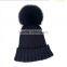 Myfur Navy Color Adult Wholesale Knit Hat with Dyed Fox Fur Ball