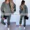 Custom Grey Rib High neck front half zip Long Sleeve crop top Hoodie for women