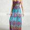 Fashion OEM elasticized back waist Turquoise Strapless Damask Maxi Dress