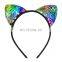 free ship Reverse Glitter Sequins Girls Cat Ear Hairband Headband Flip Girls DIY Hair Accessories For Kids Mermaid Hair Hoop