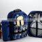 quality blue picnic backpack with wine cooler bag, phone holder