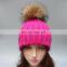 Rose color top grade winter acrylic beanies with large natural fur ball